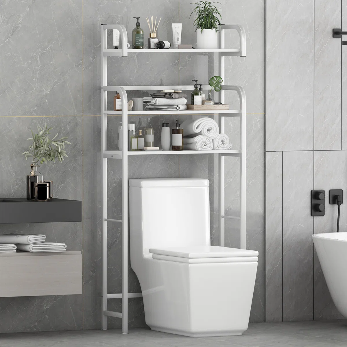 Masika Metal Freestanding Over-the-Toilet Storage, Bathroom Rack Behind The Toilet Storage Organizer Masika Metal Freestanding Over-the-Toilet Storage, Bathroom Rack Behind The Toilet Storage Organizer